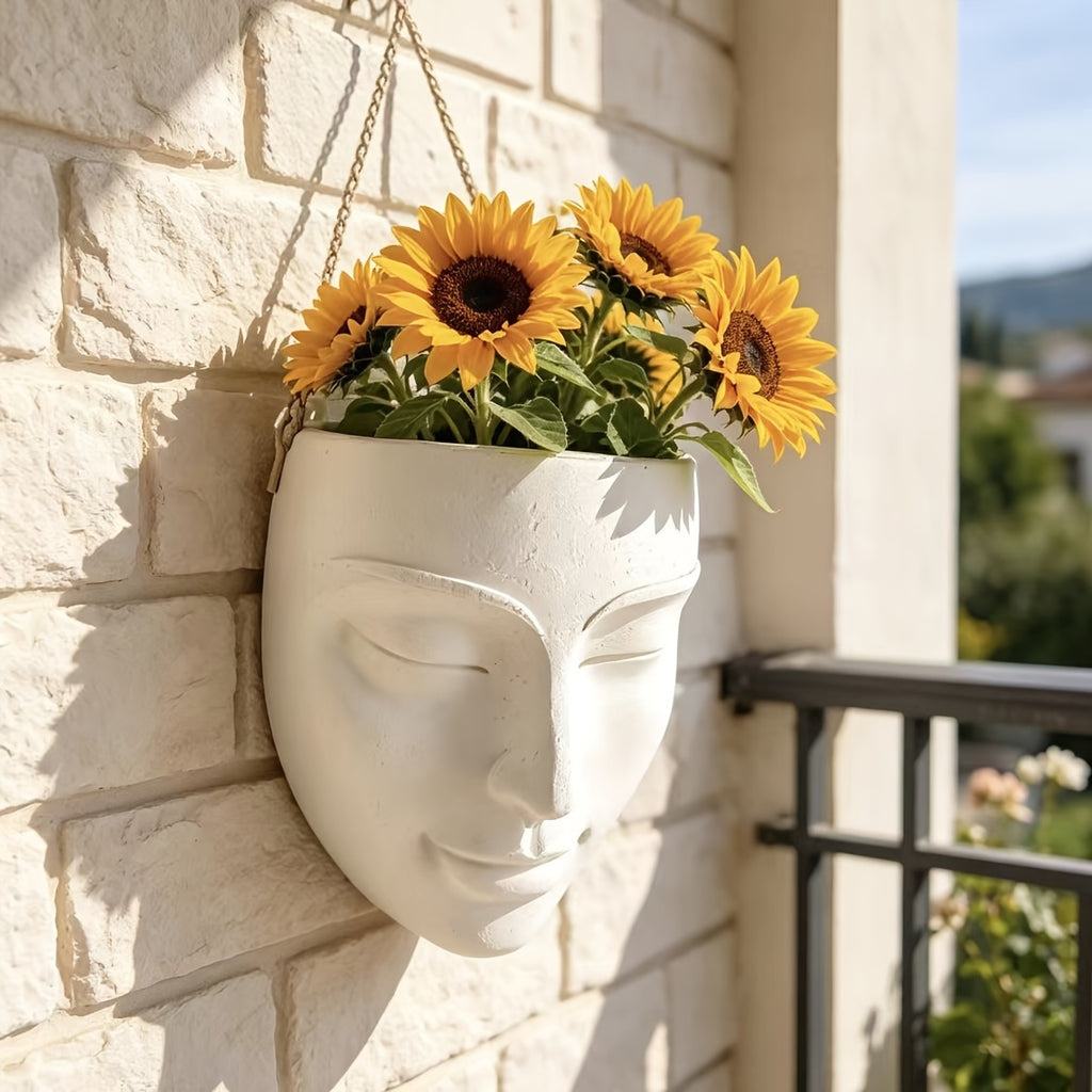 Pot de fleur mural visage en résine blanche, 16 cm de haut
