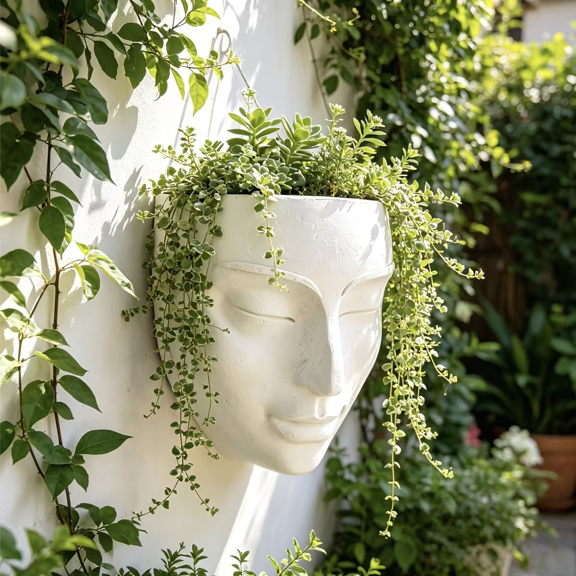 Pot de fleur mural visage en résine blanche, 16 cm de haut