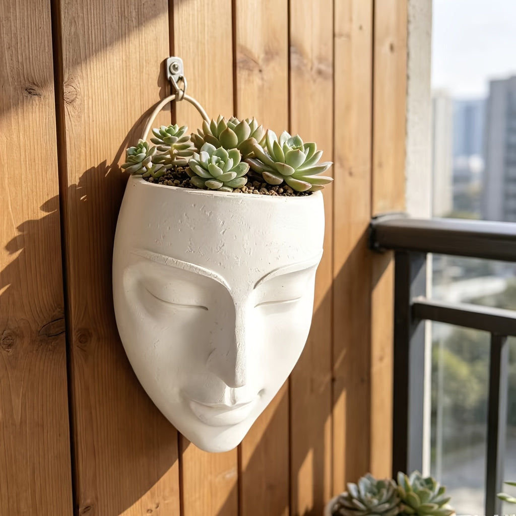 Pot de fleur mural visage en résine blanche, 16 cm de haut