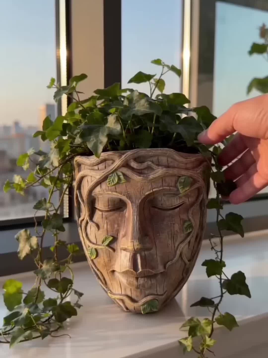 Pot de fleur mural visage sculpté en résine effet bois vieilli