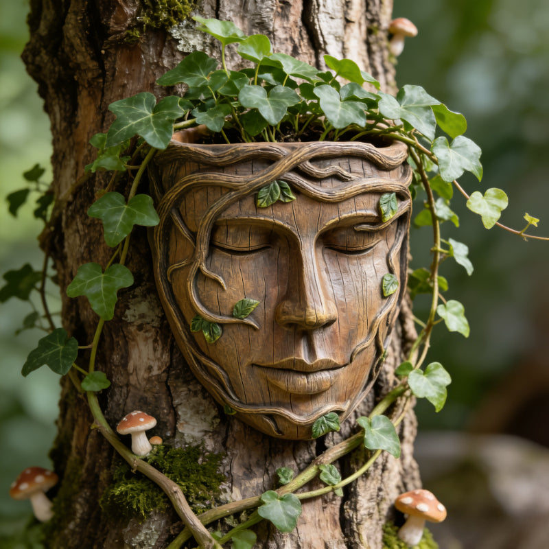 Pot de fleur mural visage sculpté en résine effet bois vieilli