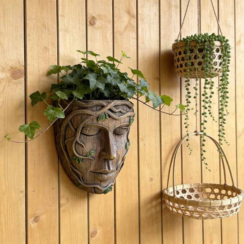 Pot de fleur mural visage sculpté en résine effet bois vieilli