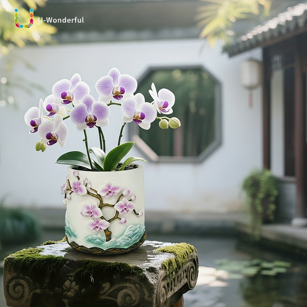 Pot de fleur pour orchidée en résine relief floral — Ø 15 cm
