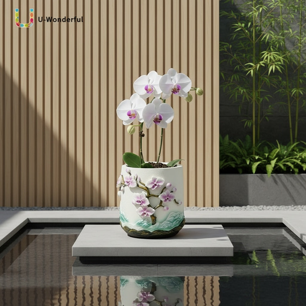 Pot de fleur pour orchidée en résine relief floral — Ø 15 cm