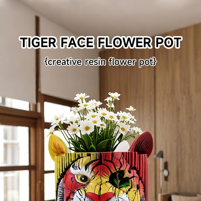 Pot de fleur original tête de tigre en résine Ø 12 × H 15 cm