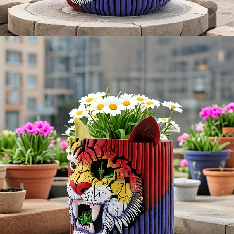 Pot de fleur original tête de tigre en résine Ø 12 × H 15 cm