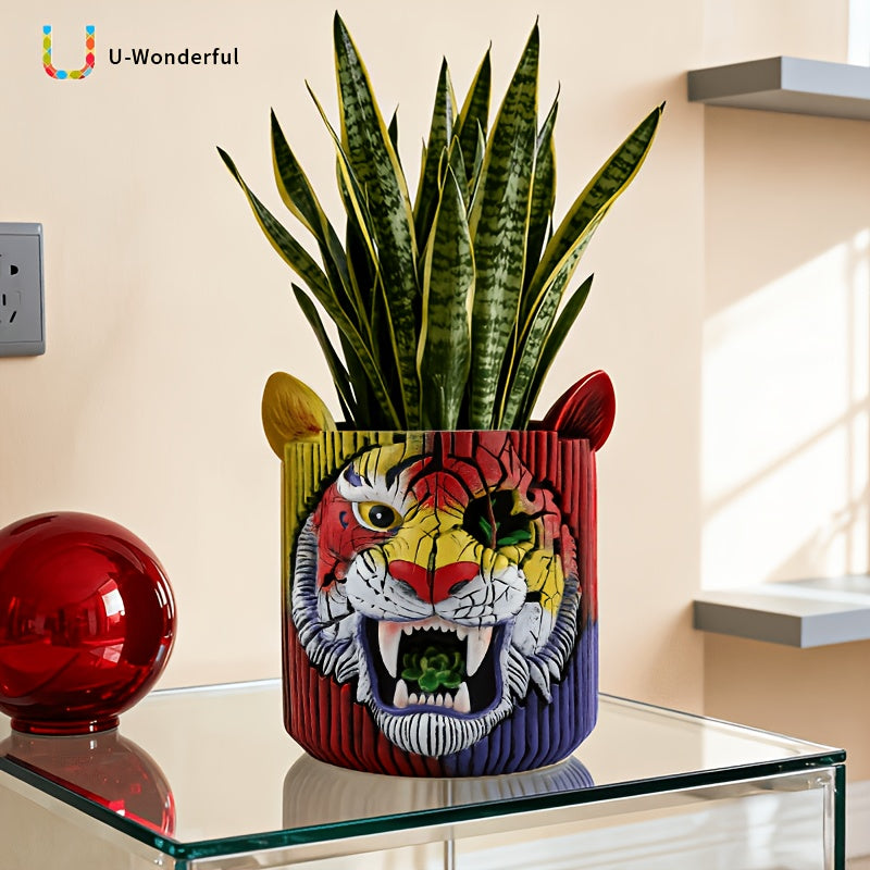 Pot de fleur original tête de tigre en résine Ø 12 × H 15 cm