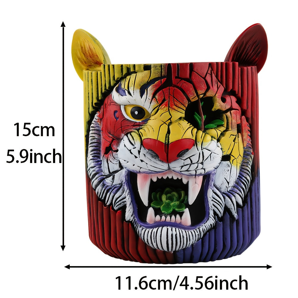 Pot de fleur original tête de tigre en résine Ø 12 × H 15 cm