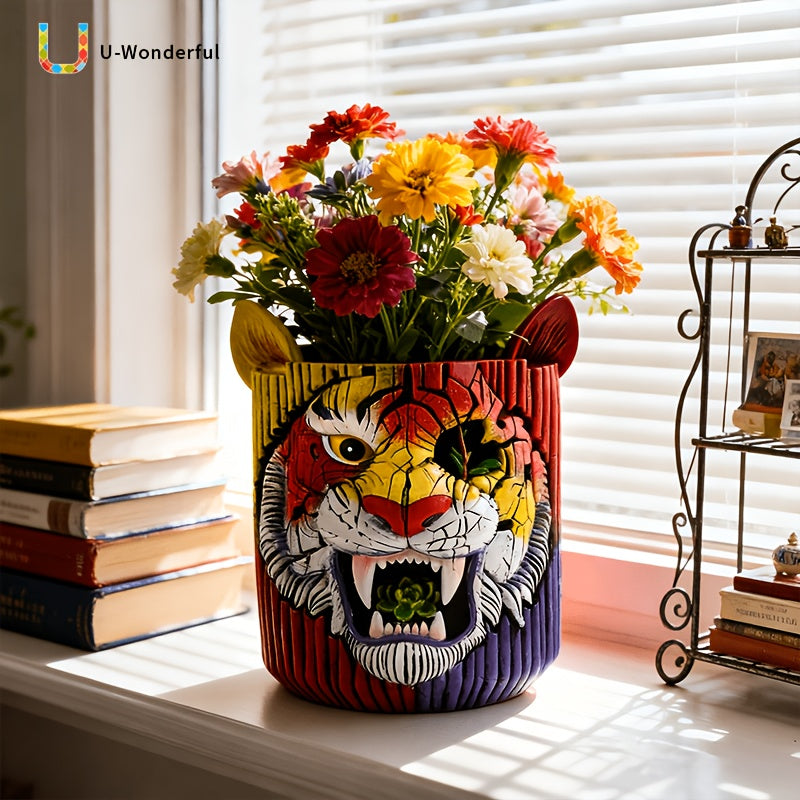 Pot de fleur original tête de tigre en résine Ø 12 × H 15 cm
