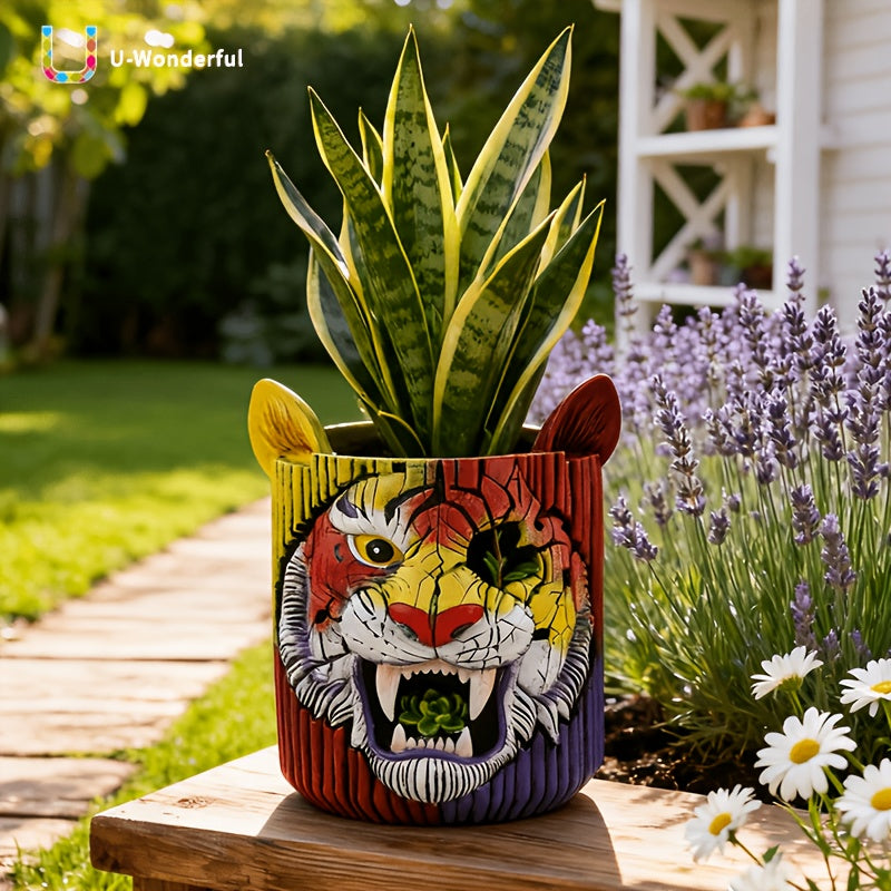 Pot de fleur original tête de tigre en résine Ø 12 × H 15 cm