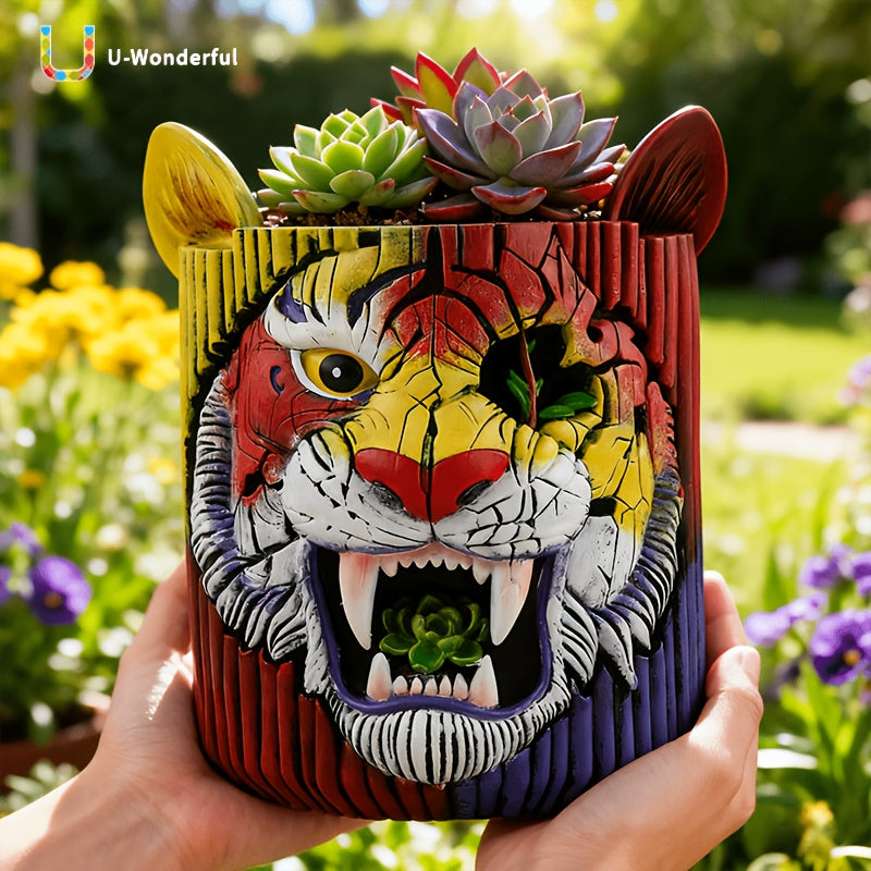 Pot de fleur original tête de tigre en résine Ø 12 × H 15 cm