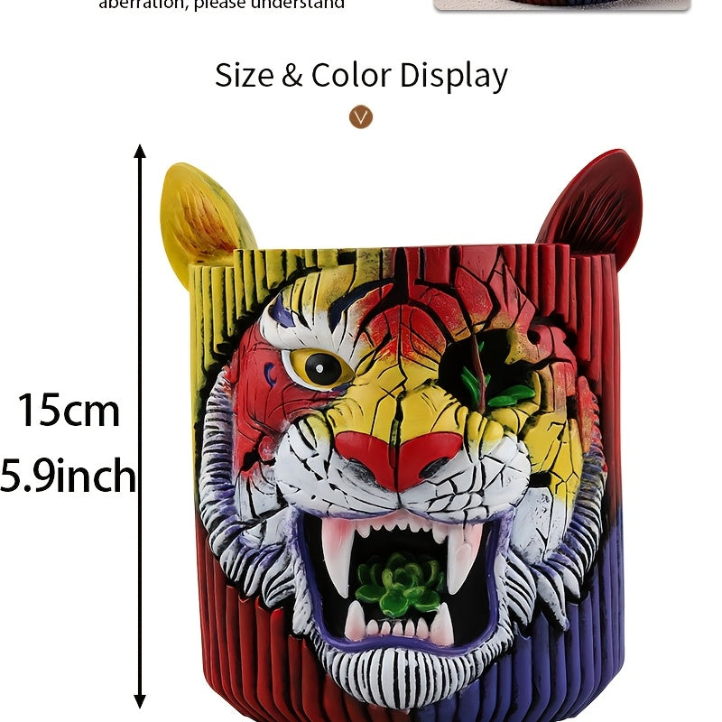 Pot de fleur original tête de tigre en résine Ø 12 × H 15 cm