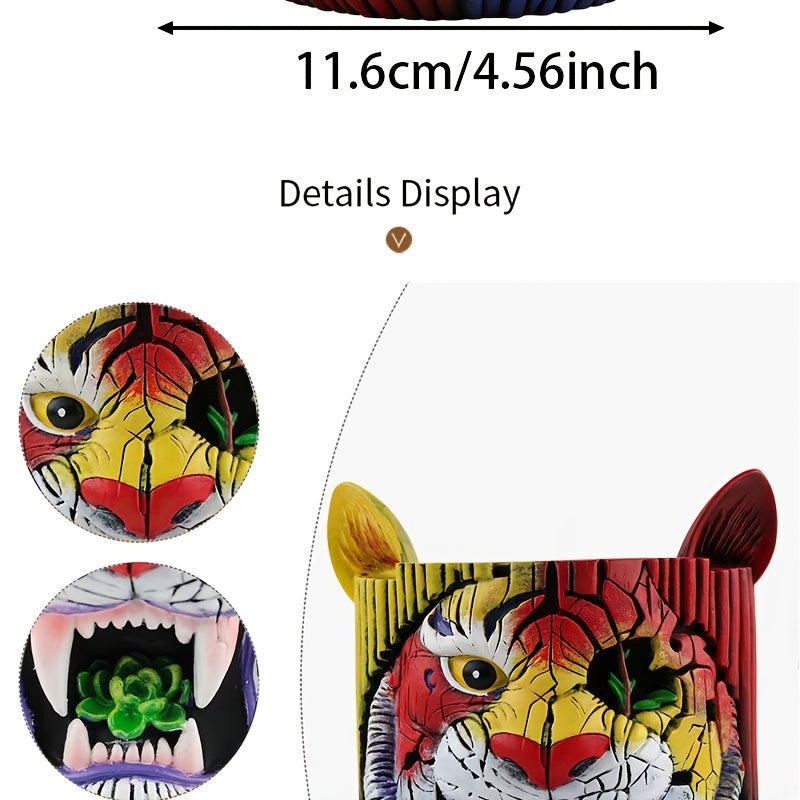 Pot de fleur original tête de tigre en résine Ø 12 × H 15 cm