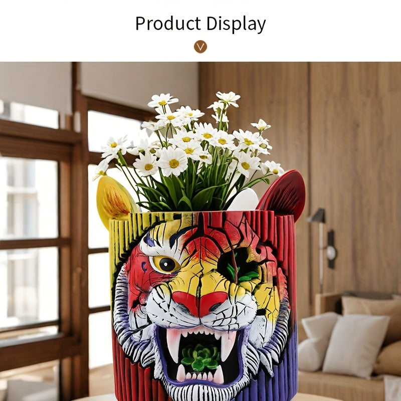 Pot de fleur original tête de tigre en résine Ø 12 × H 15 cm