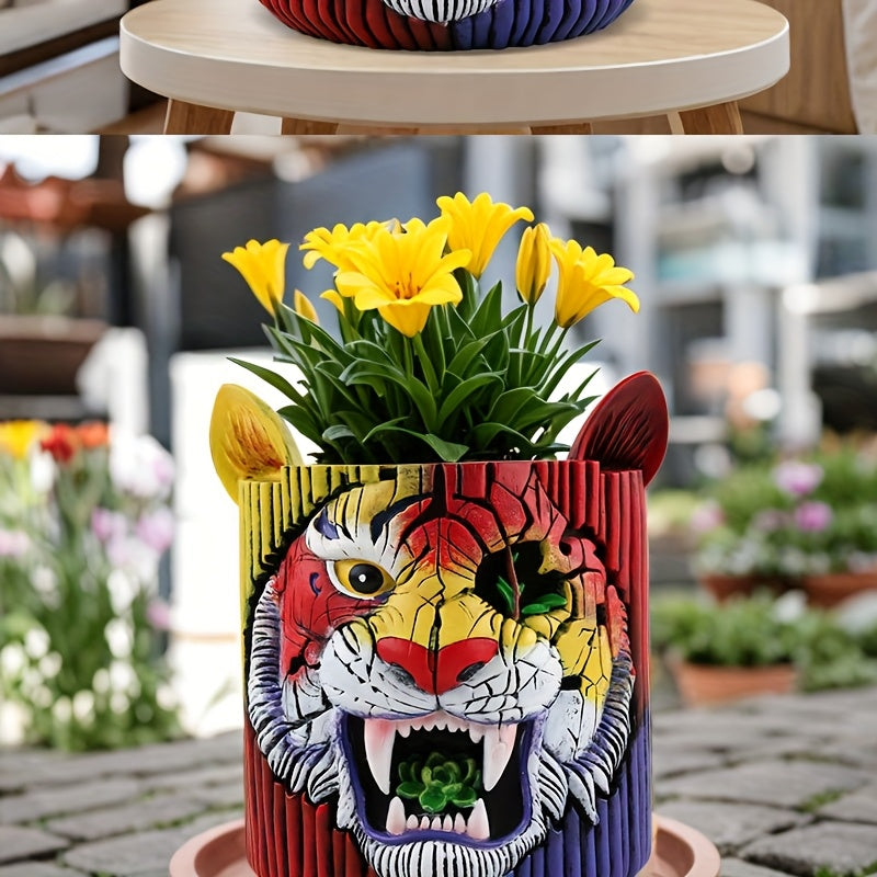 Pot de fleur original tête de tigre en résine Ø 12 × H 15 cm