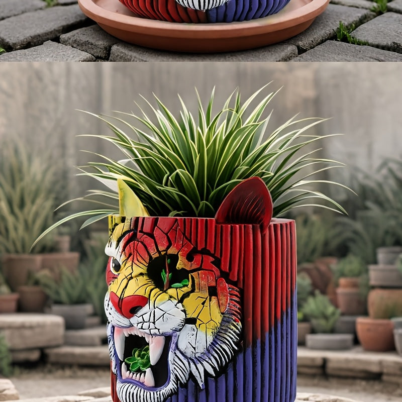 Pot de fleur original tête de tigre en résine Ø 12 × H 15 cm
