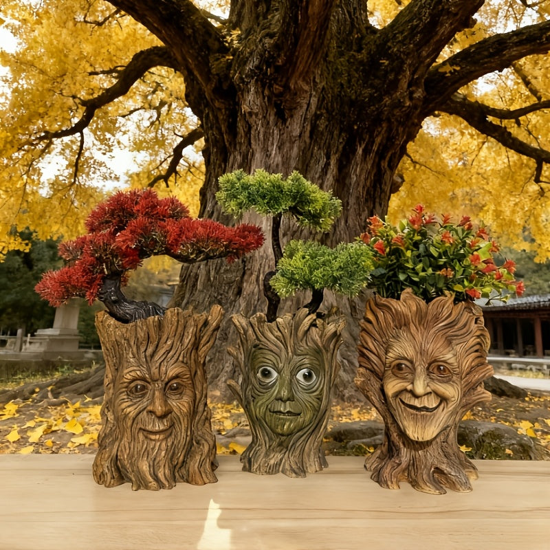 Pot de fleur original visage d'arbre sculpté en résine, 3 modèles