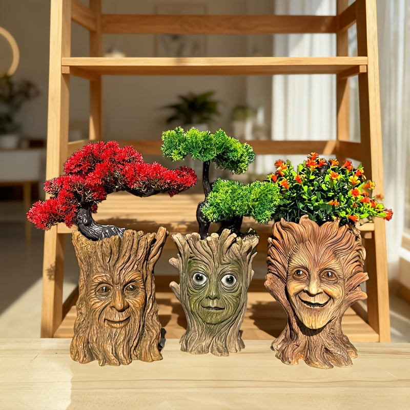 Pot de fleur original visage d'arbre sculpté en résine, 3 modèles