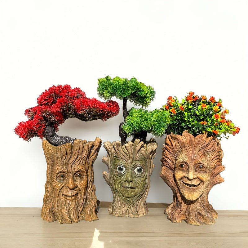 Pot de fleur original visage d'arbre sculpté en résine, 3 modèles