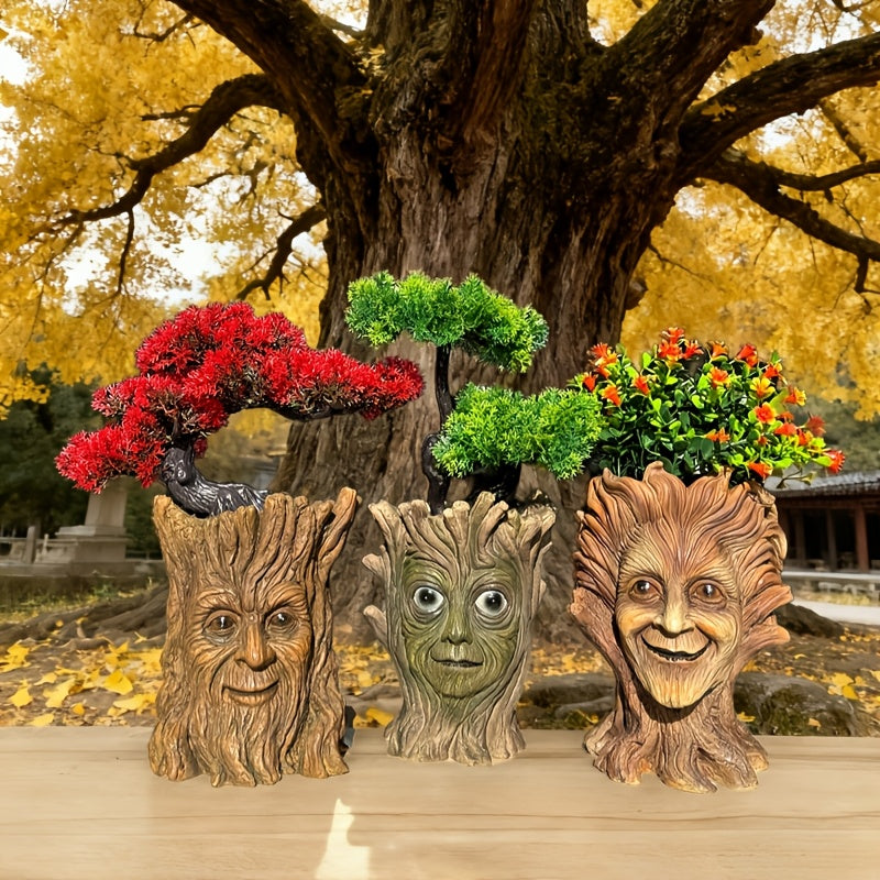 Pot de fleur original visage d'arbre sculpté en résine, 3 modèles