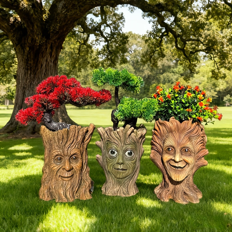 Pot de fleur original visage d'arbre sculpté en résine, 3 modèles