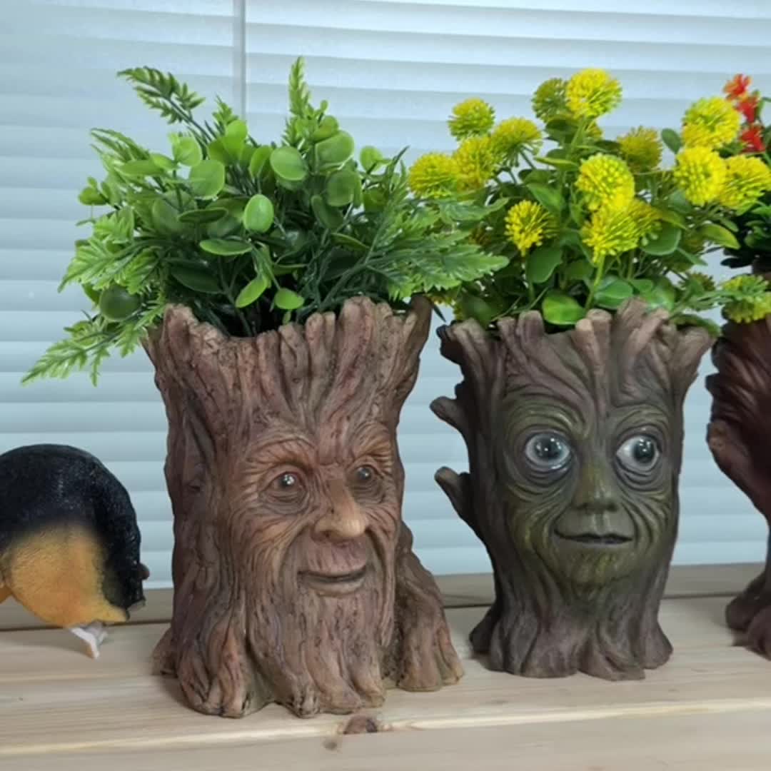 Pot de fleur original visage d'arbre sculpté en résine, 3 modèles