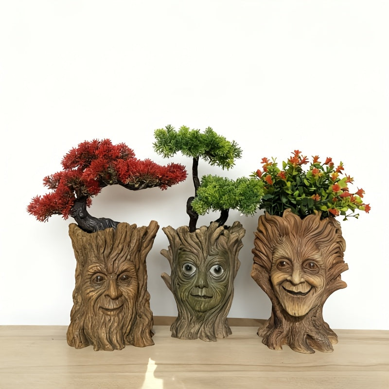 Pot de fleur original visage d'arbre sculpté en résine, 3 modèles
