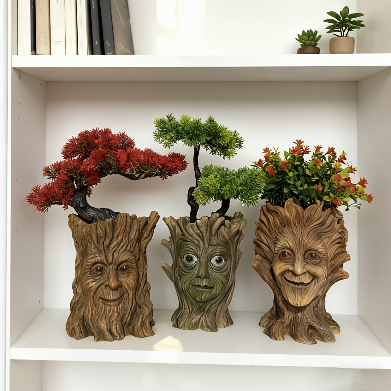 Pot de fleur original visage d'arbre sculpté en résine, 3 modèles