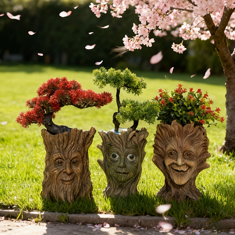 Pot de fleur original visage d'arbre sculpté en résine, 3 modèles