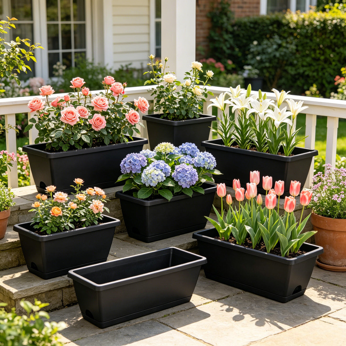 Pot de fleur rectangulaire 49 cm — Lot de 4 avec soucoupes