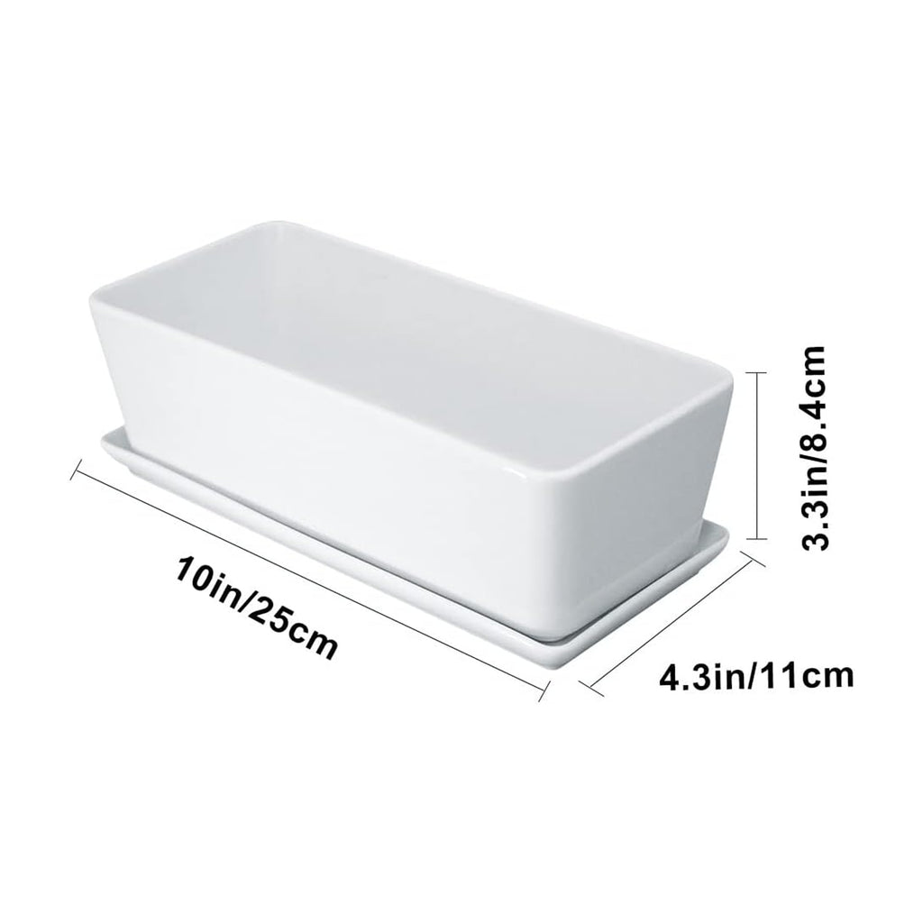 Pot de fleur rectangulaire en céramique blanche 25 cm à soucoupe