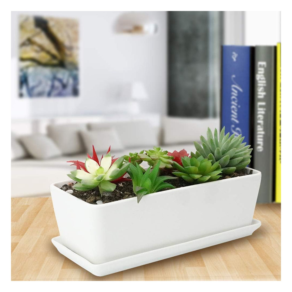 Pot de fleur rectangulaire en céramique blanche 25 cm à soucoupe