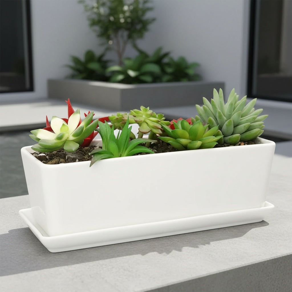 Pot de fleur rectangulaire en céramique blanche 25 cm à soucoupe