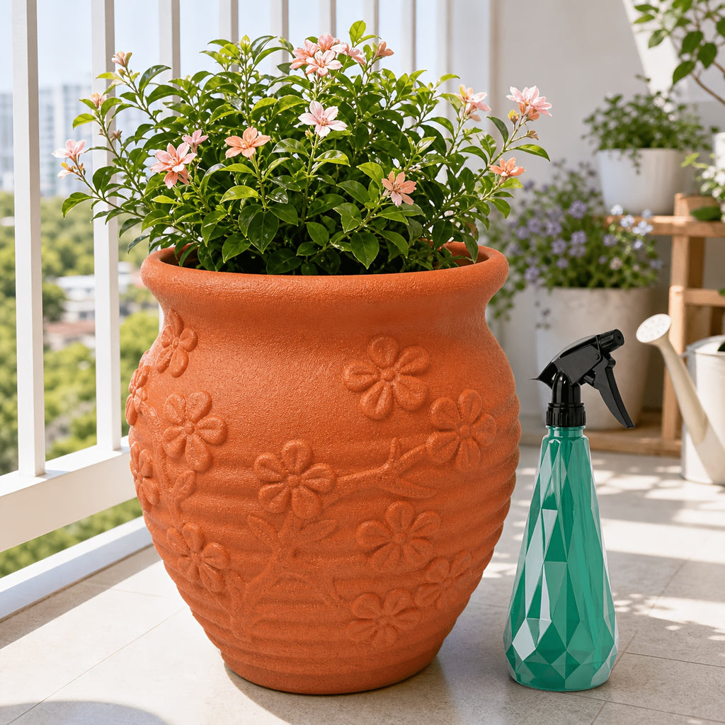 Pot de fleur en résine Ø 25 cm — relief fleuri, blanc ou terracotta