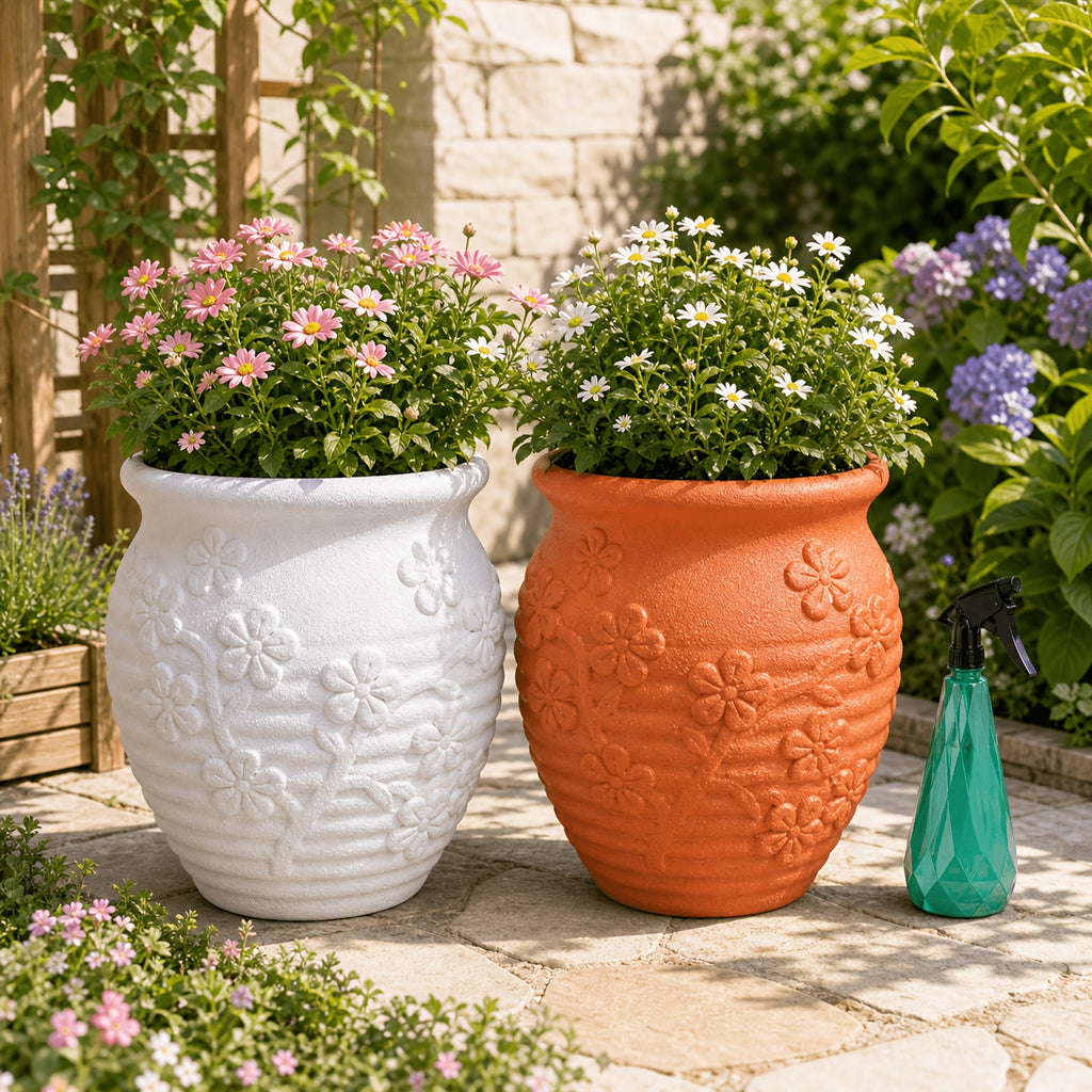 Pot de fleur en résine Ø 25 cm — relief fleuri, blanc ou terracotta