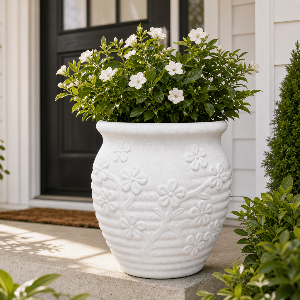 Pot de fleur en résine Ø 25 cm — relief fleuri, blanc ou terracotta