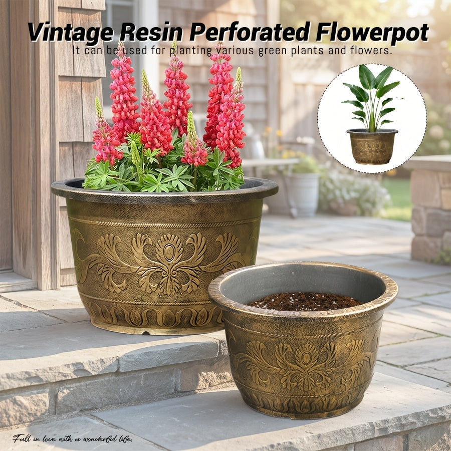 Pot de fleur rond effet laiton doré Ø 25 cm à motif floral