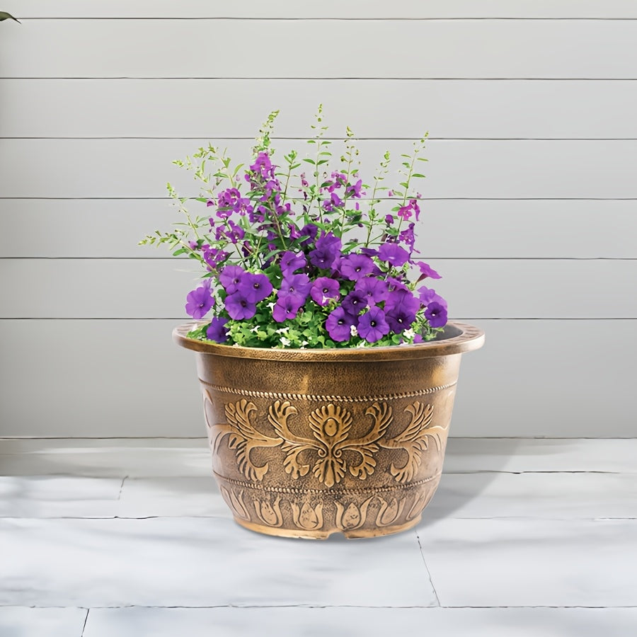 Pot de fleur rond effet laiton doré Ø 25 cm à motif floral