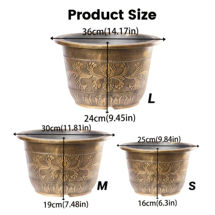 Pot de fleur rond effet laiton doré Ø 25 cm à motif floral