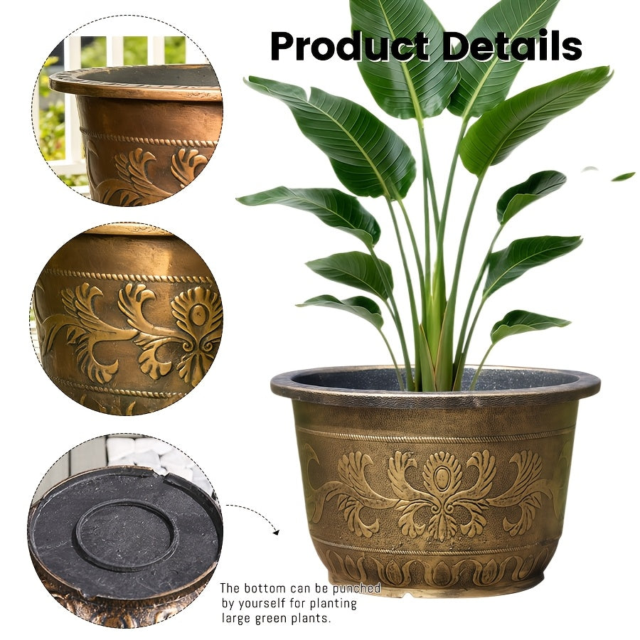 Pot de fleur rond effet laiton doré Ø 25 cm à motif floral