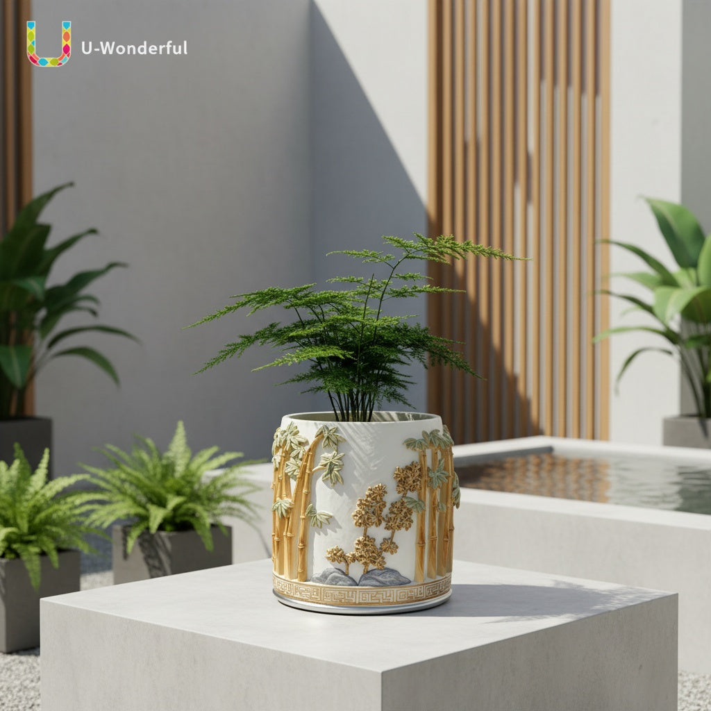 Pot de fleur rond en résine relief bambou — Ø 16 cm blanc