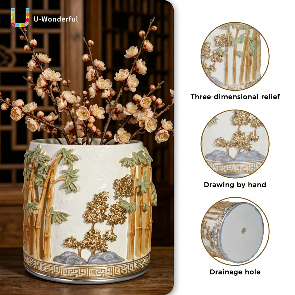Pot de fleur rond en résine relief bambou — Ø 16 cm blanc