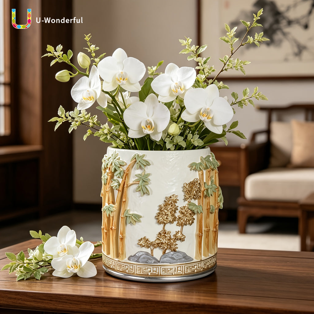 Pot de fleur rond en résine relief bambou — Ø 16 cm blanc