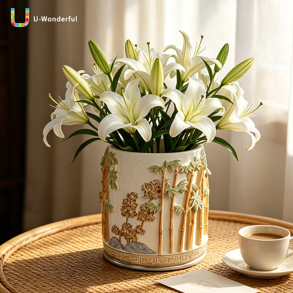 Pot de fleur rond en résine relief bambou — Ø 16 cm blanc