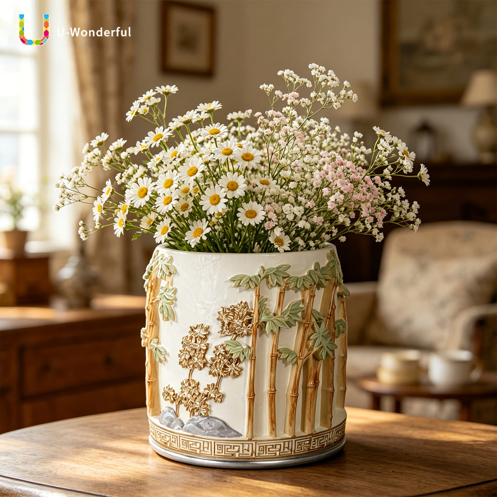 Pot de fleur rond en résine relief bambou — Ø 16 cm blanc