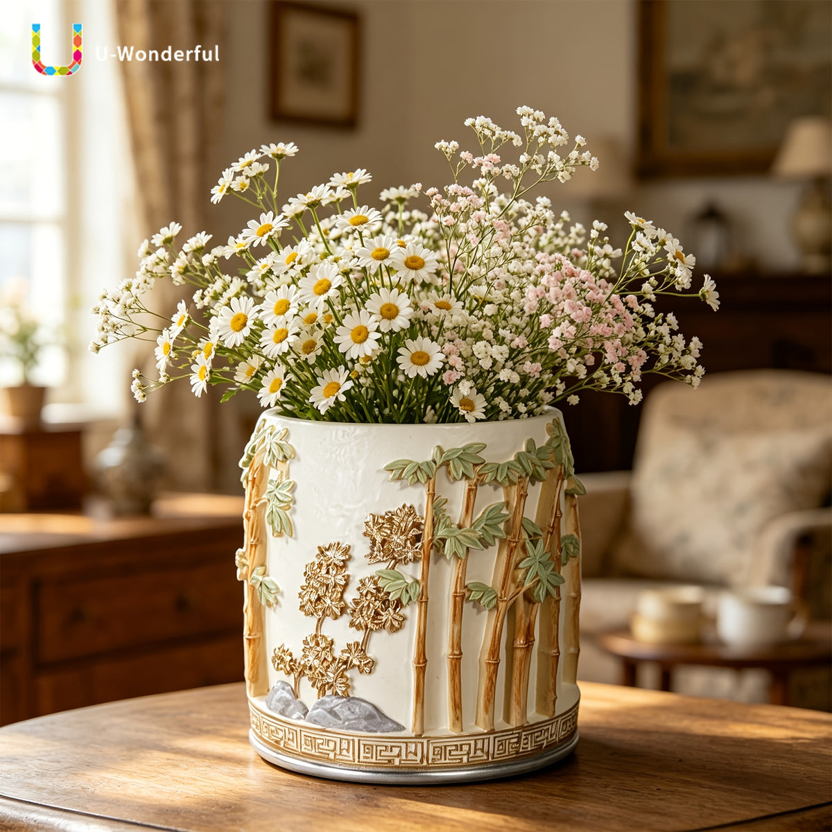 Pot de fleur rond en résine relief bambou — Ø 16 cm blanc