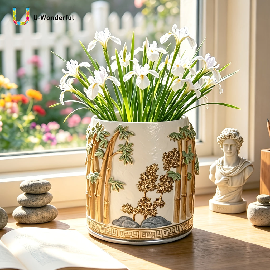 Pot de fleur rond en résine relief bambou — Ø 16 cm blanc