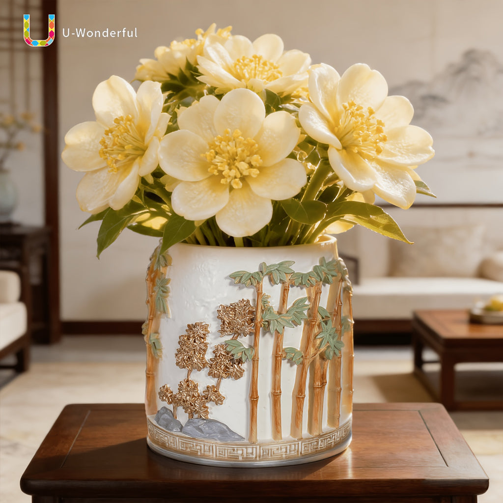 Pot de fleur rond en résine relief bambou — Ø 16 cm blanc
