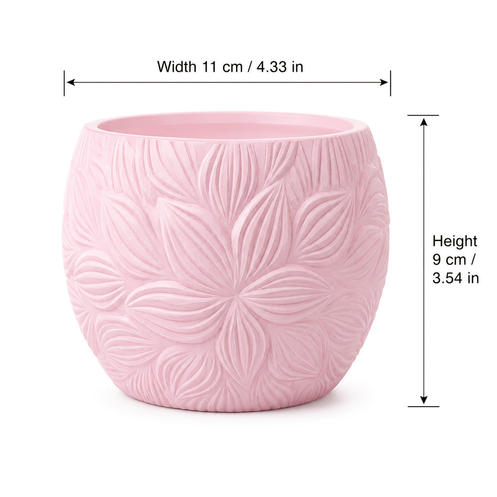 Pot de fleur rose Ø 11 cm — relief floral et trou de drainage