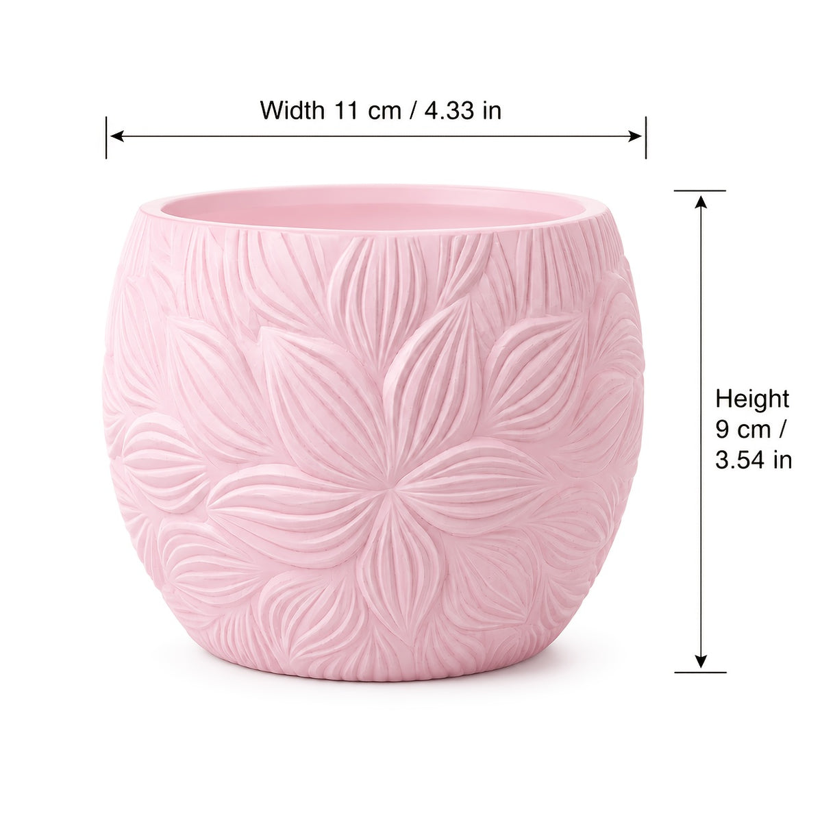 Pot de fleur rose Ø 11 cm — relief floral et trou de drainage